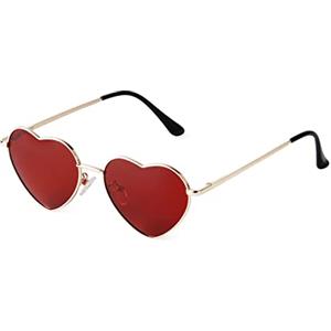 ADEWU ADE WU Occhiali da sole vintage polarizzati a forma di cuore, occhiali da sole hippie a forma di cuore, montatura in metallo ultra leggero, Cornice dorata, lente rossa