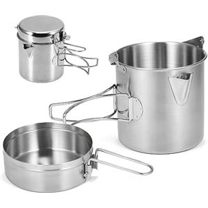 BILIPLE Tazza Sospesa Pentola da Campeggio Portable Camping Pot, Tazza per Acqua in Acciaio Inox 1L, con Manici Pieghevoli e Coperchio, per Campeggio, Escursionismo, Cucina e Picnic