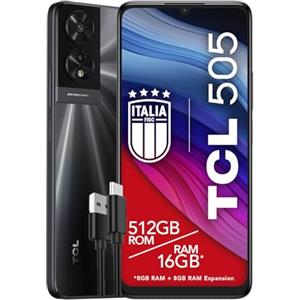 TCL 505 - Smartphone 4G Display 6.75 HD+ 90Hz, 512GB, 16GB RAM (8+8GB RAM expansion), 50Mp Hybrid camera, Android 14, Batteria 5010 mAh, Dual Sim, Space Grey, Cavo USB Type-C Aggiuntivo