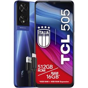 TCL 505 - Smartphone 4G Display 6.75 HD+ 90Hz, 512GB, 16GB RAM (8+8GB RAM expansion), 50Mp Hybrid camera, Android 14, Batteria 5010 mAh, Dual Sim, Ocean Blue, Cavo USB Type-C Aggiuntivo