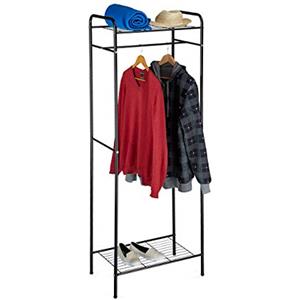 Relaxdays Appendiabiti con Scarpiera, HxLxP: 166 x 60,5 x 38 cm, Attaccapanni Metallo, Ripiano Portascarpe, Ganci, Nero