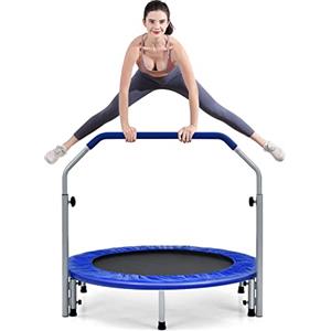 GYMAX Trampolino Elastico Fitness, Tappeto Elastico Adulti, Pieghevole e Portatile, Portata di 150 kg, Maniglia Rimovibile e Regolabile (96-122 cm), Ø 101cm (Blu)