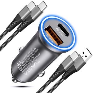 Tepow 90W Caricatore Auto USB C,Caricabatterie Auto [PD45W & QC45W] Adattatore Presa Accendisigari USB C Carica Batteria per Auto Cellulare con Cavi per iPhone 16 15 Pro Max,Galaxy S25 S24 S23