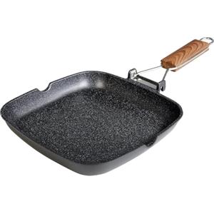 WECOOK! Ecochef Titanio Bistecchiera Liscia, Induzione, 20x20cm, Antiaderente QUANTANIUM Ecologico senza PFOA, Alluminio Fuso, 5mm di Spessore, Manico in Legno Pieghevole, Vitroceramica, Gas