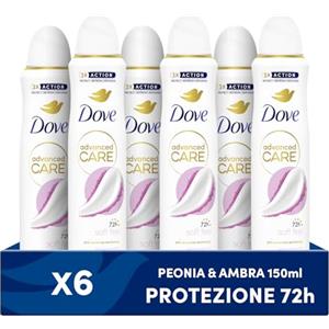 Dove Deodorante Spray Advanced Care Soft Feel, con Formula Idratante e Delicata sulla Pelle, Senza Alcol, Pelle Asciutta Fino a 72 Ore, Deodorante Uomo e Donna, 6 Pezzi da 150ml