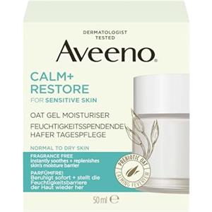 Aveeno CALM+RESTORE - Cura dell'avena idratante (50 ml), idratante per 24 ore senza profumo, lenisce immediatamente la pelle sensibile, con avena prebiotica e calmante motherwort