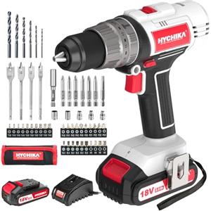 HYCHIKA BETTER TOOLS FOR BETTER LIFE HYCHIKA Avvitatore a Batteria 18V, Trapano Avvitatore Batteria da 2,0 Ah, Trapano a Percussione Max 45 Nm, 2 Velocità, Coppia 21+3, Trapano a Batteria con 55 Accessori, con Luce da Lavoro a LED