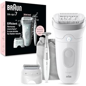 Braun Silk-épil 7 Depilatore Donna, Epilatore Elettrico Donna, Rifinitore Bikini Styler, Testina Ampia, Wet & Dry, Pelle Liscia a Lungo, Con Testina Per Rasoio Donna, 7-241, Bianco/Argento