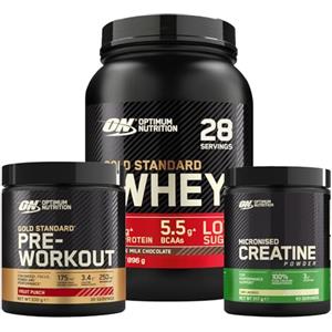 Optimum Nutrition Gold Standard Pre-Workout Mix di Frutta 330g 30 Porzioni + 100% Whey Proteine Cioccolato al Latte 896g 28 Porzioni + Micronised Creatine Monohydrate 317g 93 Porzioni