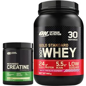 Optimum Nutrition Gold Standard 100% Whey Proteine e Aminoacidi in Polvere Cioccolato Bianco e Lampone 900g 30 Porzioni + Micronised Creatine Monohydrate Non Aromatizzata 317g 93 Porzioni