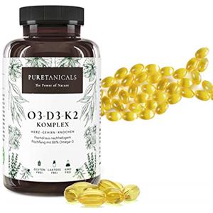 Puretanicals Omega 3 + Vitamina D3 + K2 Gocce MK7 All-Trans - Premium Essenziali O3-D3-K2 Complesso ad Alto Dosaggio | Olio di Pesce Omega3 con Acidi Grassi Essenziali EPA e DHA | 240 Capsule Softgel