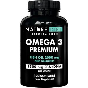 Nature Diet Omega 3 Premium - 2000 mg con 1500 mg di EPA & DHA - 120 capsule molli di olio di pesce Omega 3 ad alta concentrazione - Scorta per 2 mesi