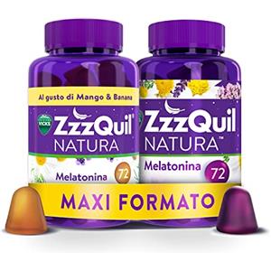 ZzzQuil Natura, MELATONINA per DORMIRE, INTEGRATORE con MELATONINA pura ed Estratti di Valeriana, Camomilla e Lavanda, MAXI FORMATO 2x72 Pastiglie Gommose, Gusto MISTO, FRUTTI DI BOSCO e MANGO BANANA