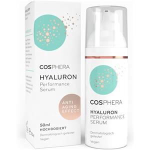 Cosphera Hyaluron Performance Serum, gel viso all'acido ialuronico ad alto dosaggio, 50 ml; per viso, collo, décolleté e occhi; trattamento antirughe vegano, idratante, per donne e uomini