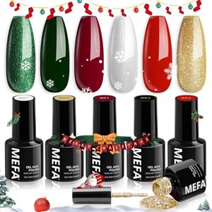 MEFA Smalto Semipermanente Unghie, Rosso Bianco Glittero Verde 6 Colori Smalti Semipermanenti per Unghie, Soak-Off UV Gel per Natale Nail Art Smalto Gel Professionali Kit