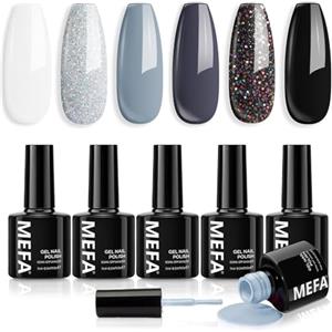 MEFA Smalto Semipermanente Unghie, Bianco Nero Glittero 6 Colori Smalti Semipermanenti per Unghie, Soak-Off UV Gel per Natale Nail Art Smalto Gel Professionali Kit