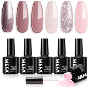 MEFA Smalto Semipermanente Unghie, Nude Glittero 6 Colori Smalti Semipermanenti per Unghie, Soak-Off UV Gel per Natale Nail Art Smalto Gel Professionali Kit