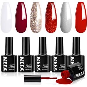 MEFA Smalto Semipermanente Unghie, Rosso Bianco Glittero 6 Colori Smalti Semipermanenti per Unghie, Soak-Off UV Gel per Natale Nail Art Smalto Gel Professionali Kit