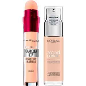 Maybelline New York Il Cancella Età Correttore Liquido Multiuso con Applicatore a Spugnetta Colore 01 Light + Accord Parfait Fondotinta Fluido Naturale 1.N Rose Ivory 30ml