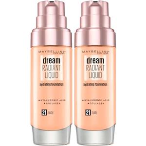 Maybelline New York Dream Radiant Liquid Fondotinta Idratante Liquido con Acido Ialuronico e Collagene Colore 21 Nude - 2 Flaconi da 30ml