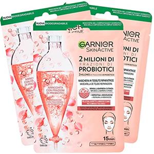 Garnier SkinActive Maschera Viso Riparatrice 2 Milioni di Frazioni di Probiotici Per Tutti i Tipi di Pelle Biodegradabile Idratante Con Acido Ialuronico - 3 Confezioni da 1 Applicazione Ognuna