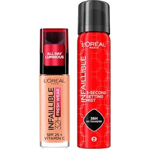 L'OREAL PARIS L'Oréal Paris Infaillible Fondotinta Liquido 32H Fresh Wear SPF 25 Waterproof con Vitamina C Colore 220 Sable Sand + Spray Fissante 3-Second Setting Mist per Trucco Viso No-Transfer 75ml - 2 Flaconi