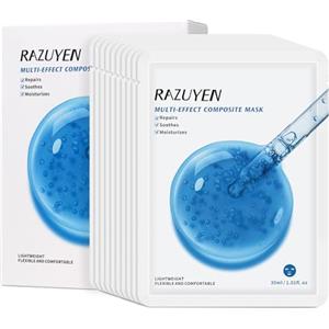 RAZUYEN Maschera in tessuto Lenitiva, Maschera Viso con ceramide e pantenolo, Per pelli secche e sensibili, Idrata, Antirughe e Contrasta il Rossore, Confezione da 10