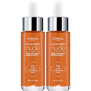 L'OREAL PARIS L'Oréal Paris Accord Parfait Nude Siero Colorato Rimpolpante Formula con 1% di Acido Ialuronico Puro Anti-Age Idratante per Pelli Sensibili Colore 7-8 Tan Deep - 2 Flaconi da 30ml