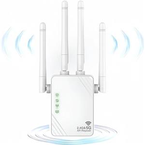 ANDHOT Ripetitore WiFi, Estensore WiFi, amplificatore di segnale WiFi 1200Mps, WiFi Booster dual band 5GHz e 2.4GHz, modalità ripetitore/router/AP, 4 antenne, 2 porte LAN, adatto per uso domestico/ufficio