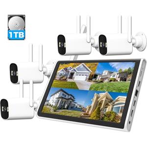 ANTELA telecamere di sorveglianza WiFi esterno con monitor 10CH NVR, 4PCS 3MP WiFi Telecamere con audio bidirezionale, visione notturna a colori, display remoto, allarme App&Mail, 1TB HDD incluso