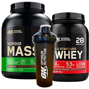 Optimum Nutrition Gold Standard 100% Whey Proteine Polvere con Aminoacidi Cioccolato al Latte 896g 28 Porzioni + Serious Mass Proteine Whey con Creatina Cioccolato 2,73Kg 8 Porzioni + SHAKER