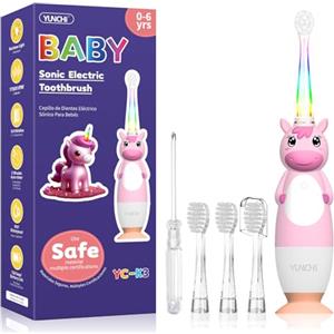 YUNCHI Spazzolino elettrico per bambini dai 0 ai 6 anni in su, spazzolino elettrico per bambini, con luce a LED con timer, 4 testine morbide YC-K3 (unicorno rosa)