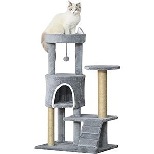 PawHut Albero Tiragraffi per Gatti con Trespolo, Casetta, Rampa e Pallina Giocattolo, Palestra per Gatti, Torre per Gatti in Truciolato, Iuta e Peluche, 60x40x100 cm, Grigio Chiaro