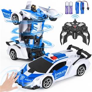 Highttoy Macchina Telecomandata Robot,Macchina Polizia Telecomandata Rotazione 360° con Rilevamento Gesti, Luce e Musica Trasformatore Robot Giocattolo Bambino 3 4 5 6 7 8 Anni Regalo Bianca