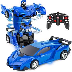 Highttoy Macchina Telecomandata Robot per Bambini,Trasformatore Giocattolo Bambino 3-12 Anni Regalo 2.4GHz 1:18 Scala Auto Telecomandata Robot Rotazione a 360° Robot Giocattolo Bambini Blu