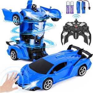 Highttoy Macchina Telecomandata Robot Bambini con Rilevamento Gesti, Luce e Musica 2.4GHz Rotazione a 360° Macchina Trasformatore Robot Giocattolo Bambino 3 4 5 6 7 8 Anni Regalo Blu