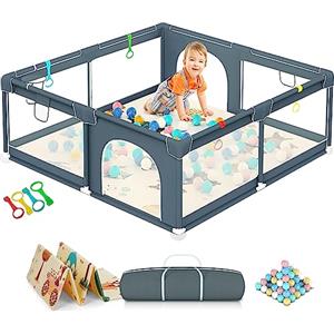 GOI Box Neonato con Materassino 180 x 150 cm, Recinto per Bambini con Pallaio da 50 Palline, 4 Maniglie, Rete a Cestino e Maglia Traspirante - Box Bambini Extra Large con Borsa per Riporre