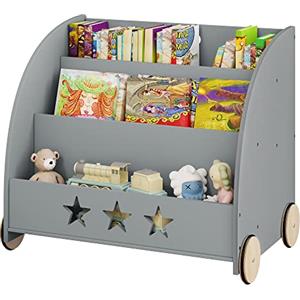 WOLTU Libreria Piccola in Legno per Bambini, Scaffale Porta Giochi con Contenitore e Ruote, Organizzatore per Cameretta, Grigio 62x42x57cm