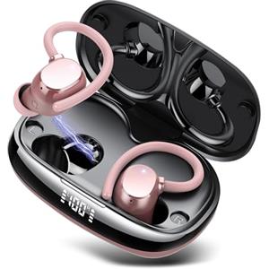 Tukio Cuffie Bluetooth 5.3 Sport con Archetto, Auricolari Wireless HiFi Stereo con HD Mic Chiamata Cancellazione Rumore, 80 Ore Cuffiette Bluetooth, Display LED, IP7 Impermeabili, Comfort Fit, Rosa