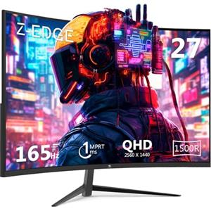 Z Z-Edge Z-Edge Monitor Gaming Curvo 27'' 2K QHD(2560x1440), 1ms, 165 Hz, FreeSync, Schermo PC 1440P, 1500R VA, Inclinazione Regolabile, 2×DP1.4 & 2×HDMI2.0, RGB Luce, VESA 100 * 100mm (DP Cavo Incluso)