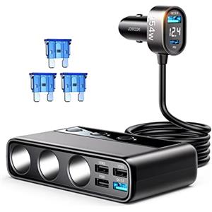 JOYROOM 210W Sdoppiatore Presa Accendisigari per Auto, USB Auto Splitter Accendisigari, 12V/24V 3 Prese Accendisigari, Adattatore Accendisigari QC3.0 & PD, Caricabatteria Auto LED Voltmetro per GPS