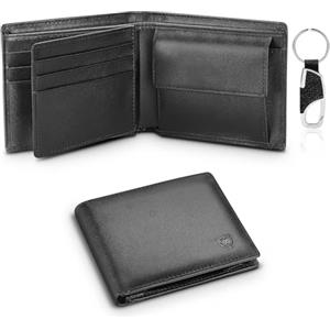 WONSEFOO Portafoglio Uomo Slim Pelle Blocco RFID, Con Portamonete, Porta Chiavi e Carte di Credito, Finestra ID, Scomparti Banconote e Confezione Regalo, Piccolo Brifold - NERO (Minimalista)