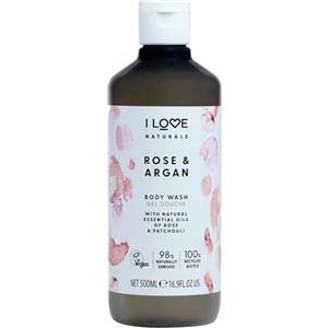 I LOVE I Love Naturals Bagnoschiuma alla rosa e argan, oli naturali di rosa e patchouli, formulato con oli essenziali per una pelle liscia come la seta e idratata, 500 ml