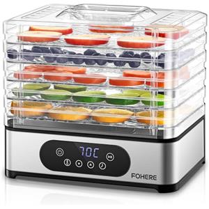 FOHERE Essiccatore Alimentare, 420 W, Essiccatori per Alimenti con 5 livelli, Temperatura 35°C/70°C, impostazione manuale di tempo e temperatura, Essiccatore per Frutta, Verdura, Carne, Senza BPA.