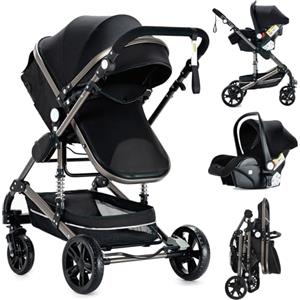 Nine point nine Trio Passeggino Neonati, Passeggino 3 in 1 con Doppia Modalità Spinta Reversibile, Carrozzina per Neonati con Grande Nacelle, Passeggino Trio con Telaio in Alluminio (739 Black)