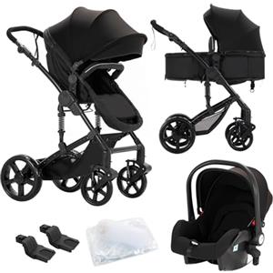 Nine point nine Trio Passeggino Neonati, Passeggino 3 in 1 con Doppia Modalità Spinta Reversibile, Carrozzina per Neonati con Grande Nacelle, Passeggino Trio con Telaio in Alluminio (588 Black)