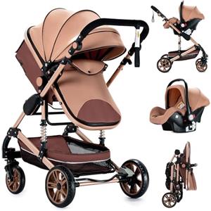 Nine point nine Trio Passeggino Neonati, Passeggino 3 in 1 con Doppia Modalità Spinta Reversibile, Carrozzina per Neonati con Grande Nacelle, Passeggino Trio con Telaio in Alluminio (739 Beige)