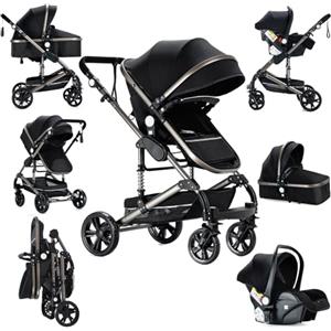 Sianldcone Passeggino 3 in 1 Trio Neonati, Tessuti di Alta Qualità Carrozzina per Neonato, Spinta Bidirezionale Passeggino Reversibile, Visione Aperta Passeggino Trolley (739 Black)