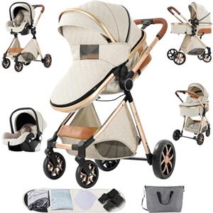 Sianldcone Passeggino 3 in 1 Trio Neonati, Tessuti di Alta Qualità Carrozzina per Neonato, Spinta Bidirezionale Passeggino Reversibile, Visione Aperta Passeggino Trolley (V9 Creamy White)