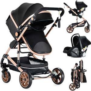 Nine point nine Trio Passeggino Neonati, Passeggino 3 in 1 con Doppia Modalità Spinta Reversibile, Carrozzina per Neonati con Grande Nacelle, Passeggino Trio con Telaio in Alluminio (739 Black Gold)